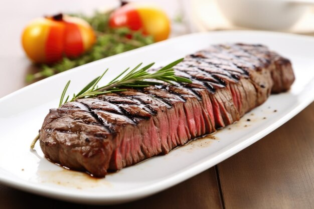 Foto solomillo a la parrilla con marcas de parrilla en un plato blanco