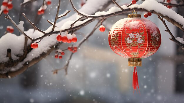 Solsticio de Invierno Yuanxiao Festival de Primavera ramas de ciruelas en flor con nieve colgando en una hermosa linterna