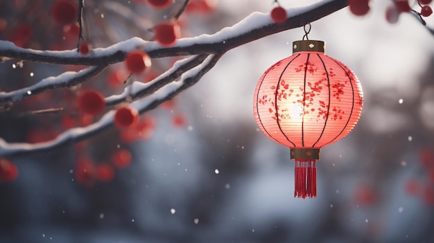 Solsticio de Invierno Yuanxiao Festival de Primavera ramas de ciruelas en flor con nieve colgando en una hermosa linterna