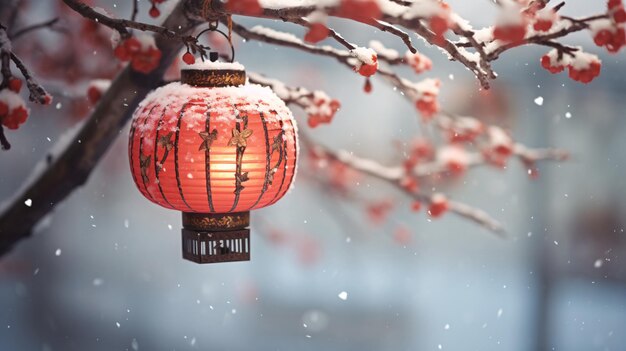 Solsticio de Invierno Yuanxiao Festival de Primavera ramas de ciruelas en flor con nieve colgando en una hermosa linterna