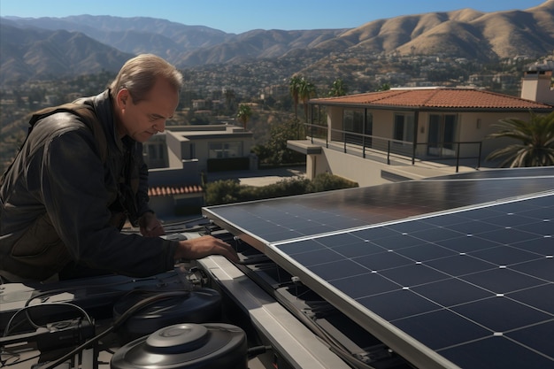 Solución de energía sostenible Técnico experto instala hábilmente energía solar en los techos