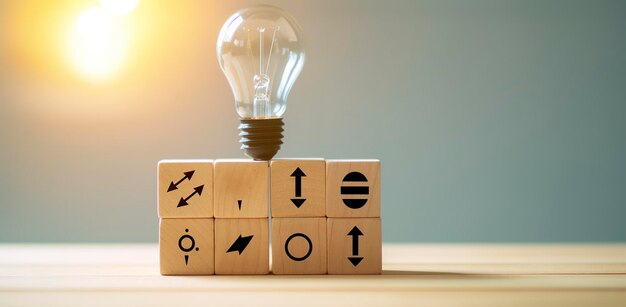Solución de idea creativa y concepto de innovación Generación de ideas para el desarrollo de negocios Bloques de cubos de madera con íconos de bombillas y ciclos en fondo limpio y espacio de copia AI Generativo