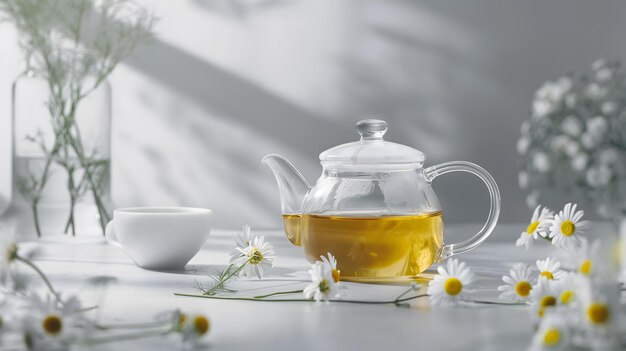 Solución de té de manzanilla serena con tetera y taza transparentes