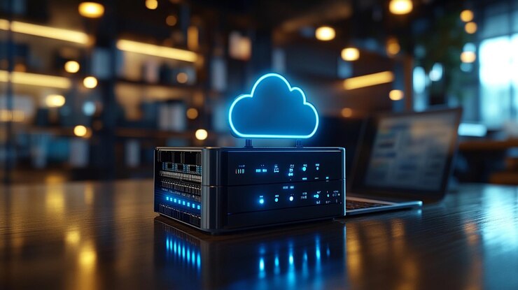 Foto soluciones de almacenamiento de datos disco duro con un fondo en la nube una computadora portátil y una tableta que representan el acceso de múltiples dispositivos