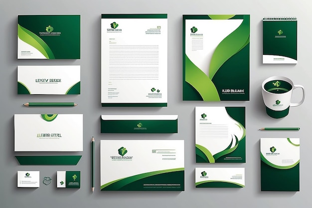 Soluções de marca profissional de papelaria empresarial verde