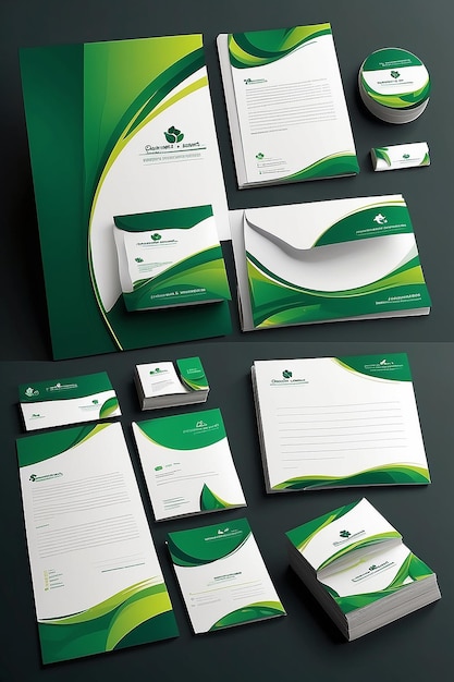 Soluções de marca profissional de papelaria empresarial verde