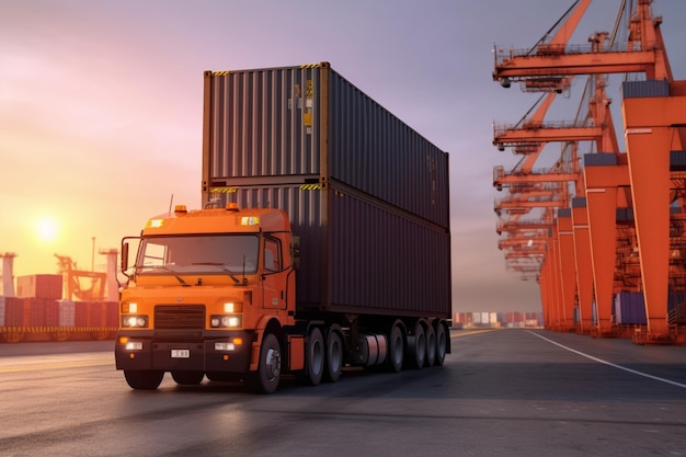 Soluções versáteis de logística Empilhadeira carrega contêiner em caminhão de carga para remessa global