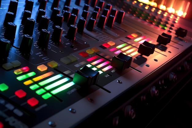 Som profissional e painel de controle do mixer de áudio com botões e controles deslizantes