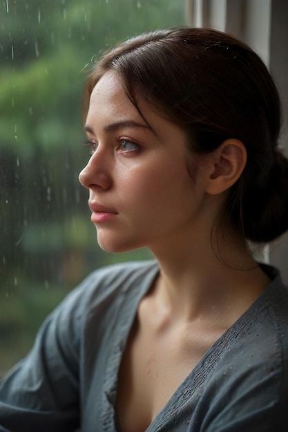 Somber Rainy Scene Retrato expressivo de mulher triste pela janela gerado por IA