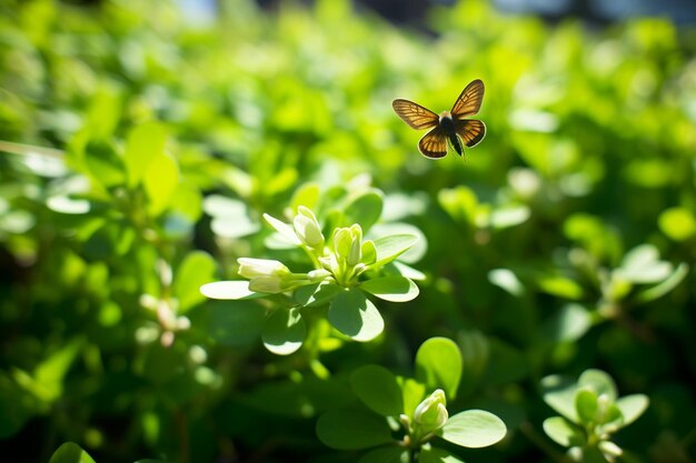 La sombra de una abeja sobre un parche de tréboles