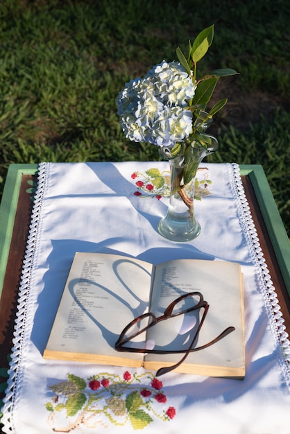 Sombra de anteojos sobre libro abierto al atardecer en el jardín