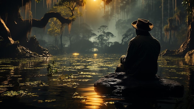 bajo la sombra de un árbol, un hombre con sombrero está pescando