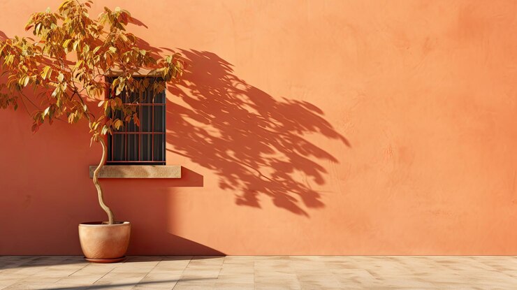 sombra de árbol en la pared de la casa de terracota rojo marrón naranja