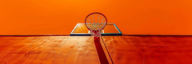 La sombra de un aro de baloncesto se proyecta sobre una pared naranja vibrante La silueta del aro y la red crea una imagen llamativa contra el fondo brillante