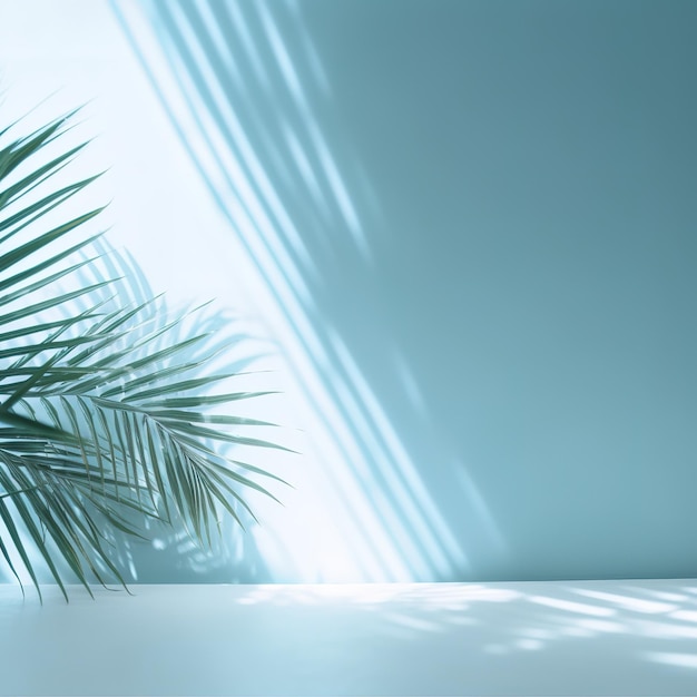 Sombra borrada de folhas de palmeira em uma parede azul clara Fundo abstrato mínimo IA generativa
