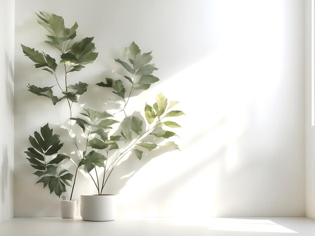 Sombra borrosa de las hojas de las plantas en la pared blanca Fondo abstracto mínimo para la presentación del producto Primavera y verano