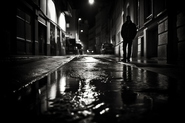 Sombra borrosa y silueta de un hombre de pie en la noche en la acera de la calle de la ciudad mojada con agua