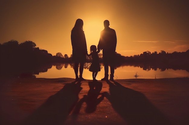 Sombra da família feliz junto com os pais com seu bebê ao pôr do sol Uma silhueta de amor e unidade