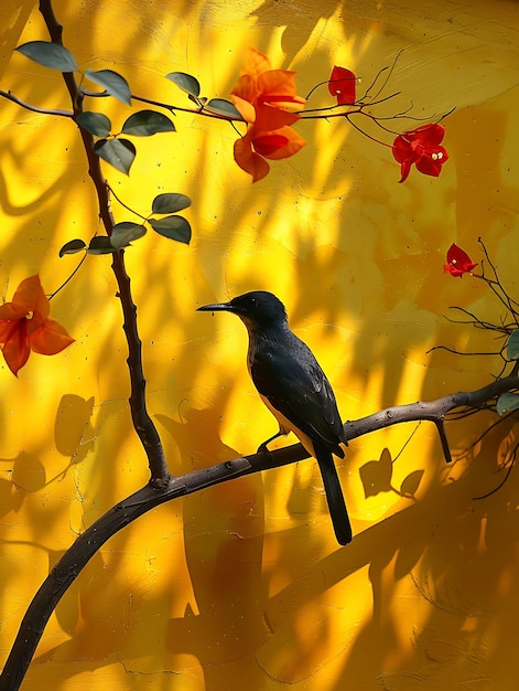 Sombra de pássaro lançada na parede alongada e elegante com uma foto quente e criativa de fundo elegante