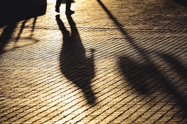 Sombra de pessoas a caminhar na calçada.