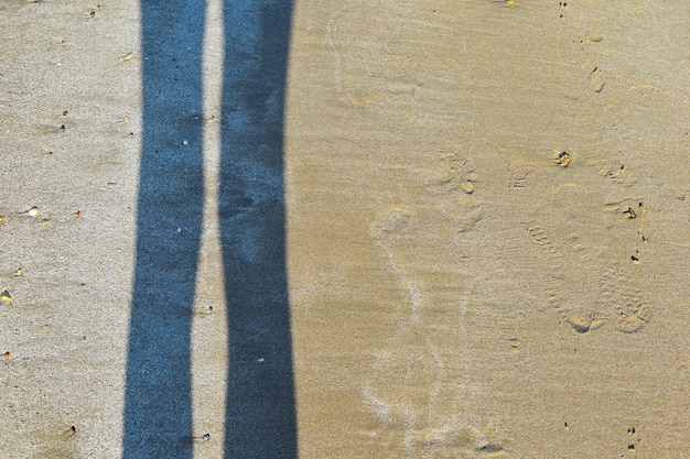 Sombra dos pés femininos nos pés de silhueta de reflexão de areia molhada na praia