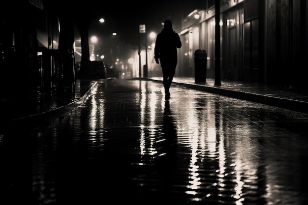 Foto sombra embaçada e silhueta de um homem parado no meio da noite na calçada molhada da cidade com água