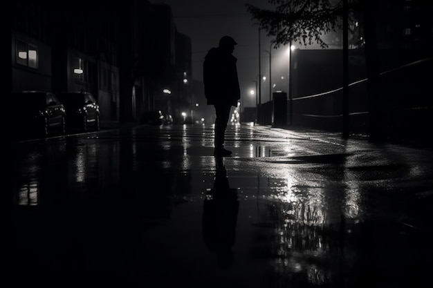 Sombra embaçada e silhueta de um homem parado no meio da noite na calçada molhada da cidade com água