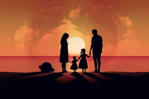 Sombra de una familia feliz juntos padres con su pequeño bebé al atardecer Una silueta de amor y unidad AI Generative