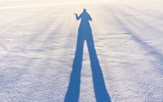 Sombra femenina con piernas largas y una mano levantada sobre nieve fresca en un día soleado de invierno Resumen