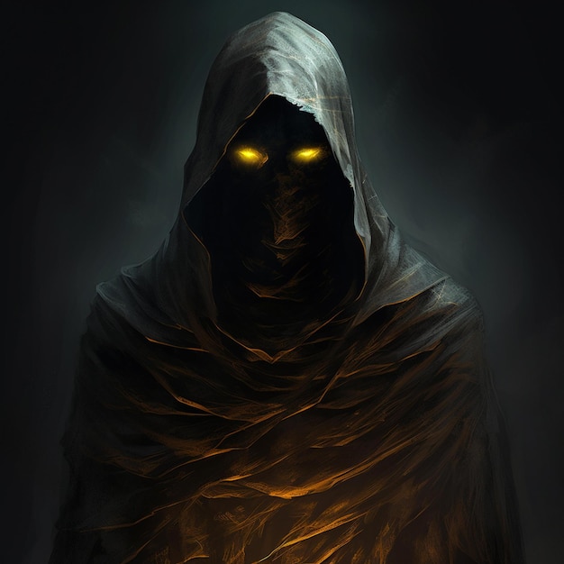 Una sombra en forma de persona compuesta de pura oscuridad excepto por ojos amarillos calientes y brillantes