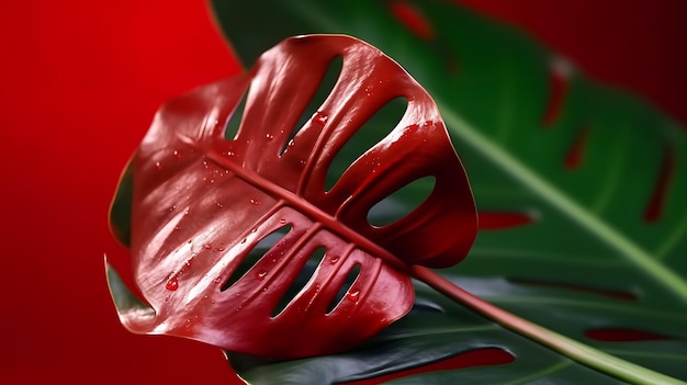 La sombra de la hoja tropical Monstera en fondo rojo Closeup