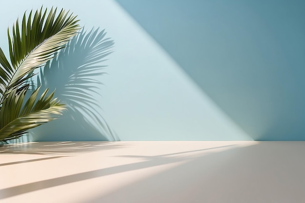 Sombra de hojas de palma en fondo azul de la pared y suelo pastel beige Fondo de playa tropical de verano Sala vacía para la presentación del producto Concepto mínimo