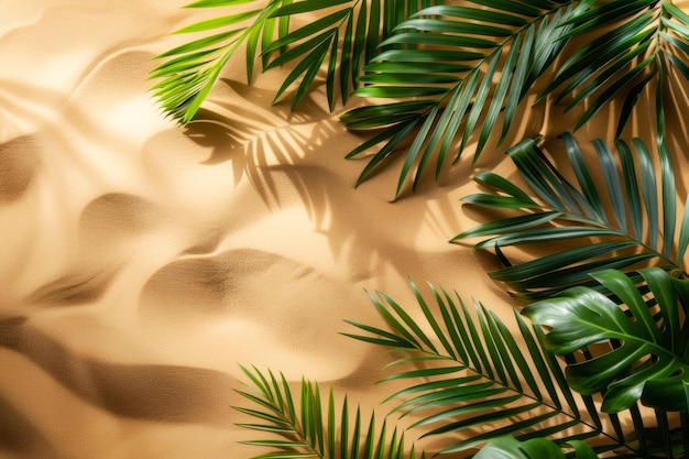 La sombra de las hojas de palma sobre la suave arena dorada evoca la serena esencia de una playa tropical