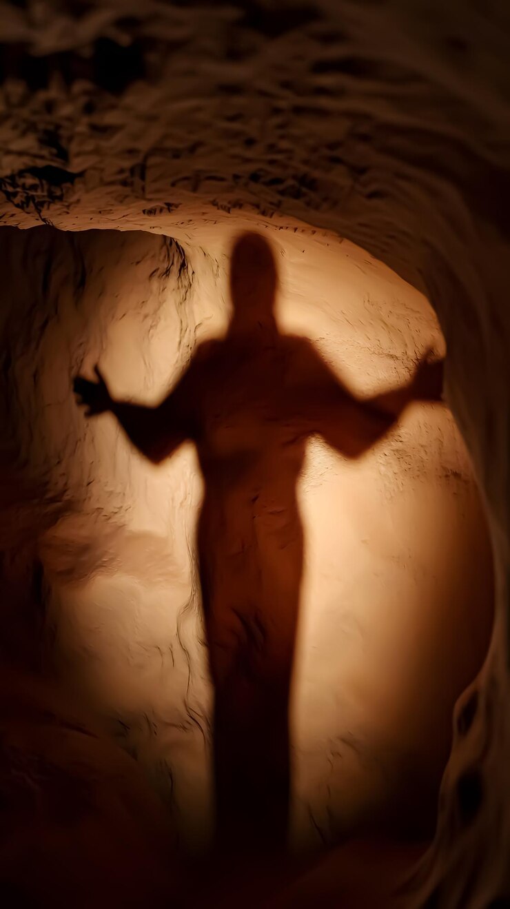 Foto una sombra de un hombre en una roca con la sombra de un hombres a la derecha