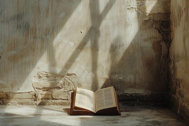 La sombra del libro en la pared abierta e invitante con un fondo beige Foto creativa de un fondo elegante