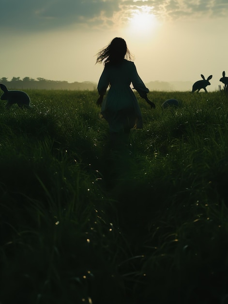 La sombra de una mujer frente a la puesta de sol capturada en un movimiento cinematográfico todavía tomado durante la hora dorada IA generativa