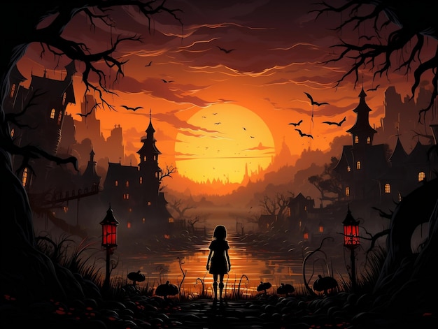 sombra de una niña en medio del casco antiguo en un fondo de luna llena halloween