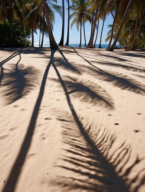 una sombra de palma en una playa de arena.