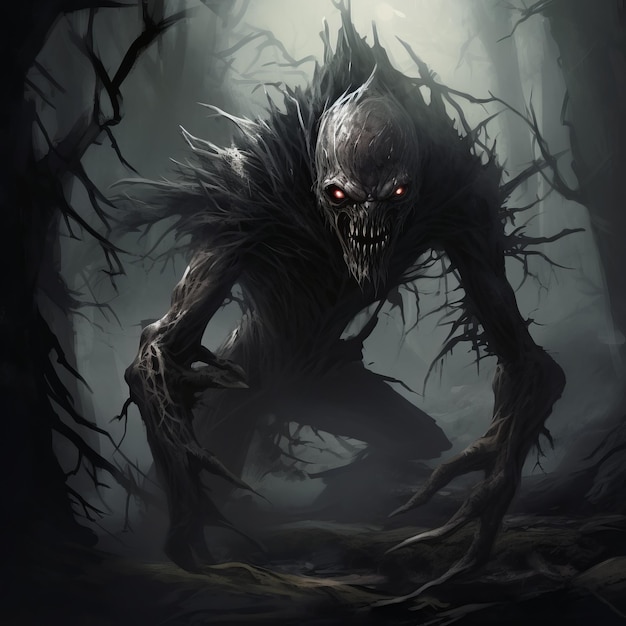 Las sombras amenazantes Un monstruo demoníaco en el bosque oscuro