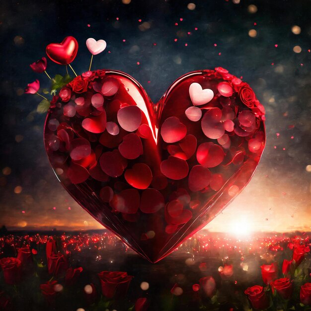 Foto sombras del amor día de san valentín oscuro con flores de corazón y suaves elementos bokeh