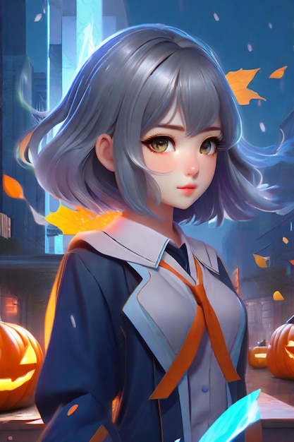 Sombras e Feitiços de Tóquio Noite de Halloween de uma menina de escola coreana de cabelo cinzento