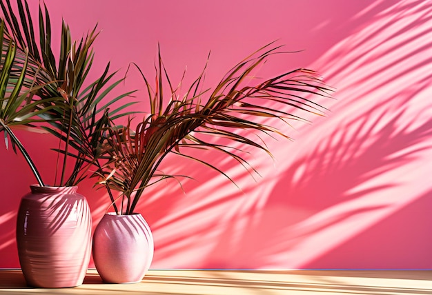 Sombras de hojas de palma en una pared rosa.