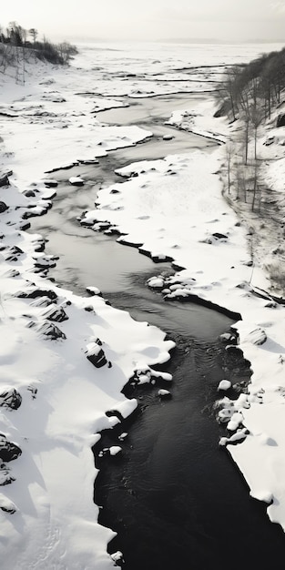 Sombras monocromáticas Una impresionante vista aérea de un río cubierto de nieve