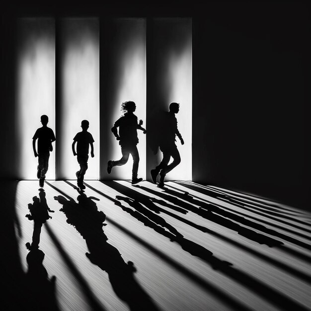 sombras de personas corriendo en una habitación con una pared generativa ai