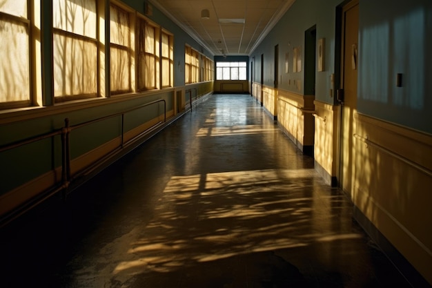 Sombras proyectadas en el suelo de un corredor de hospital débilmente iluminado creado con IA generativa
