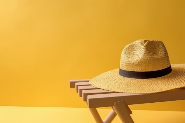 Un sombrero amarillo con una banda negra se sienta en una silla de madera.