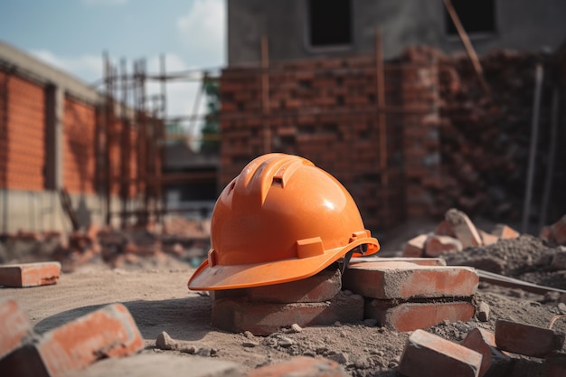 Un sombrero amarillo duro de construcción colocado en una pila de pared de ladrillo