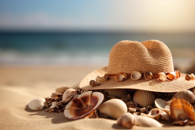 sombrero arafado con conchas en la playa con un cielo azul generativo ai