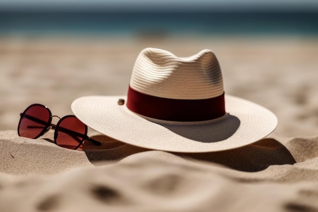 Un sombrero en la arena con gafas de sol.