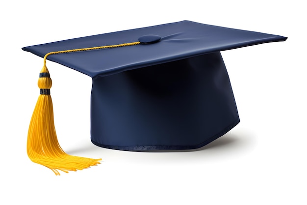 Foto el sombrero azul del estudiante de graduación aislado sobre un fondo blanco